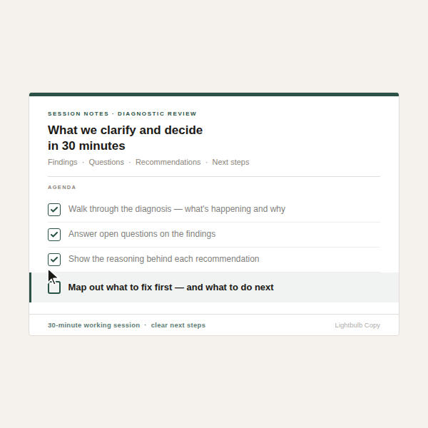 Document showing a 30-minute follow-up call map outline